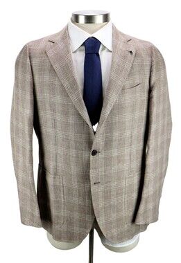 $1795 Principe D'Eleganza Sport Coat 40 (50 EU) Oat Plaid Wool Linen Silk Italy